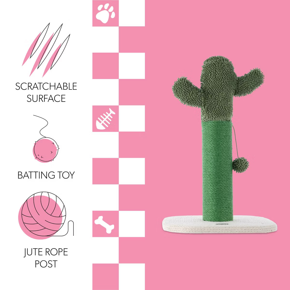21" Modern Jute Cactus Cat Scratching Post with Fuzzy Toy, Green/White