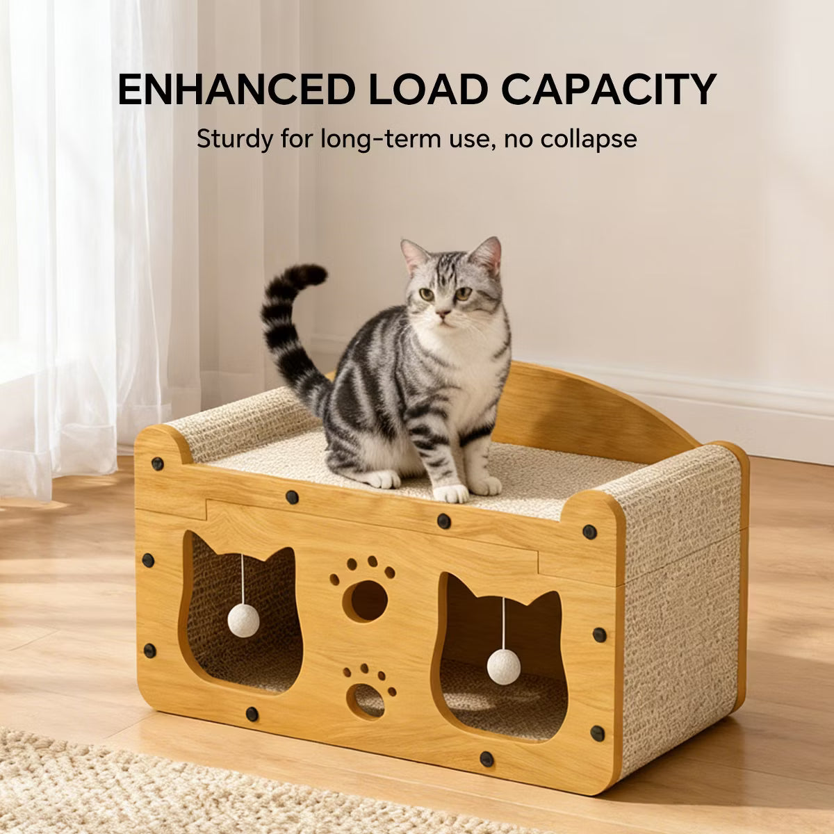 Durable Cat House Box, Cat Scratcher Bed with Hideout Caves