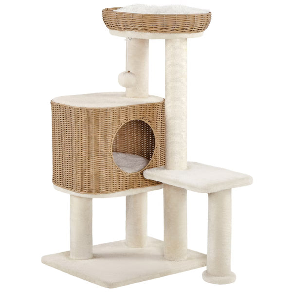 36″ Tall Rattan Cat Tree with Natural Sisal Scratching Post,