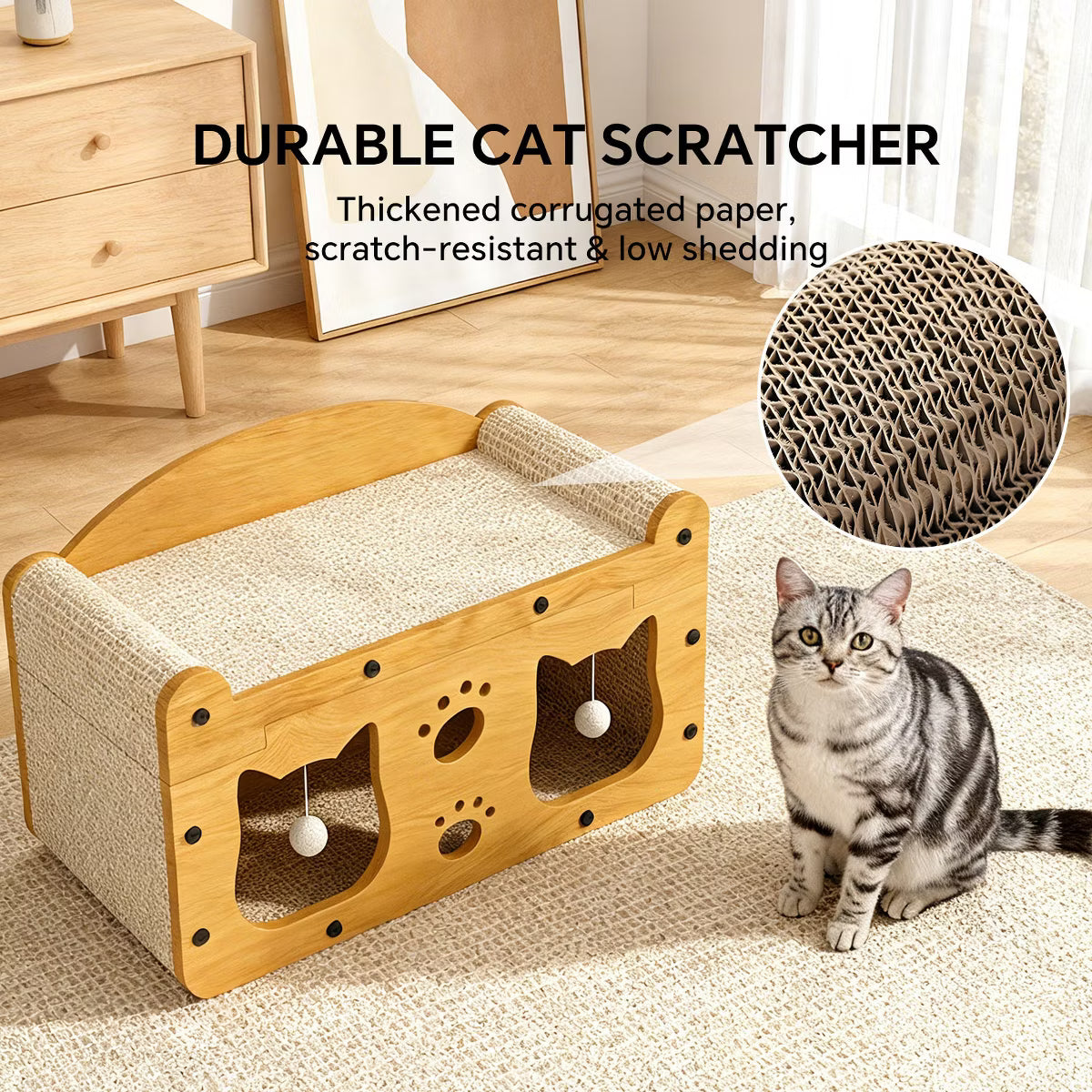 Durable Cat House Box, Cat Scratcher Bed with Hideout Caves