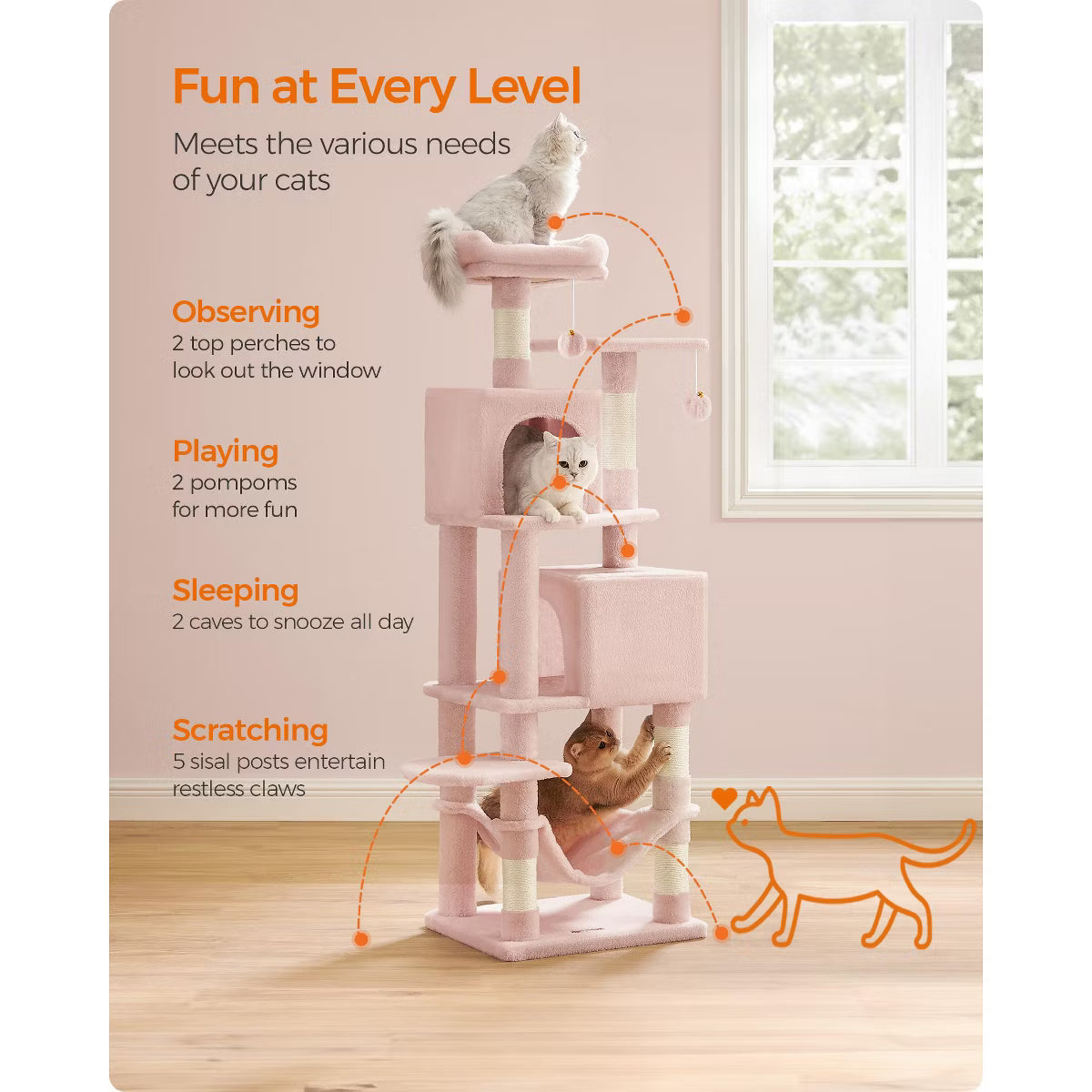 9.5-Inch Tall Cat Tower, Plush Multi-Level Condo with 5 Scratching Posts, 2 Perches