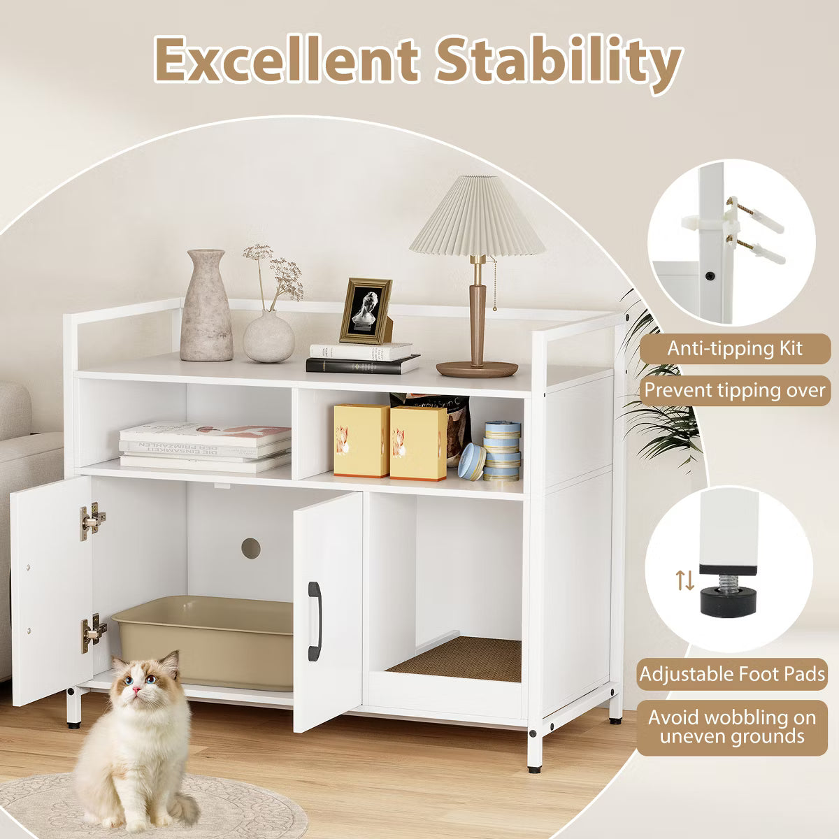 Cat Litter Box Enclosure w/ Storage Compartments Removable Scratching Board Gray