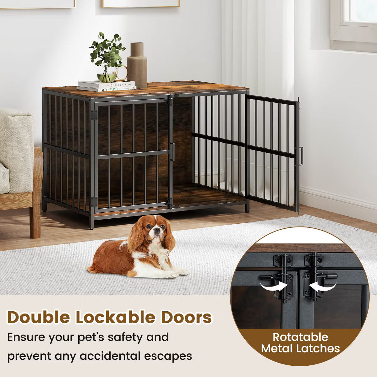 Heavy-duty Dog Crate Furniture with 2 Lockable Doors for Small Medium Breeds Natural