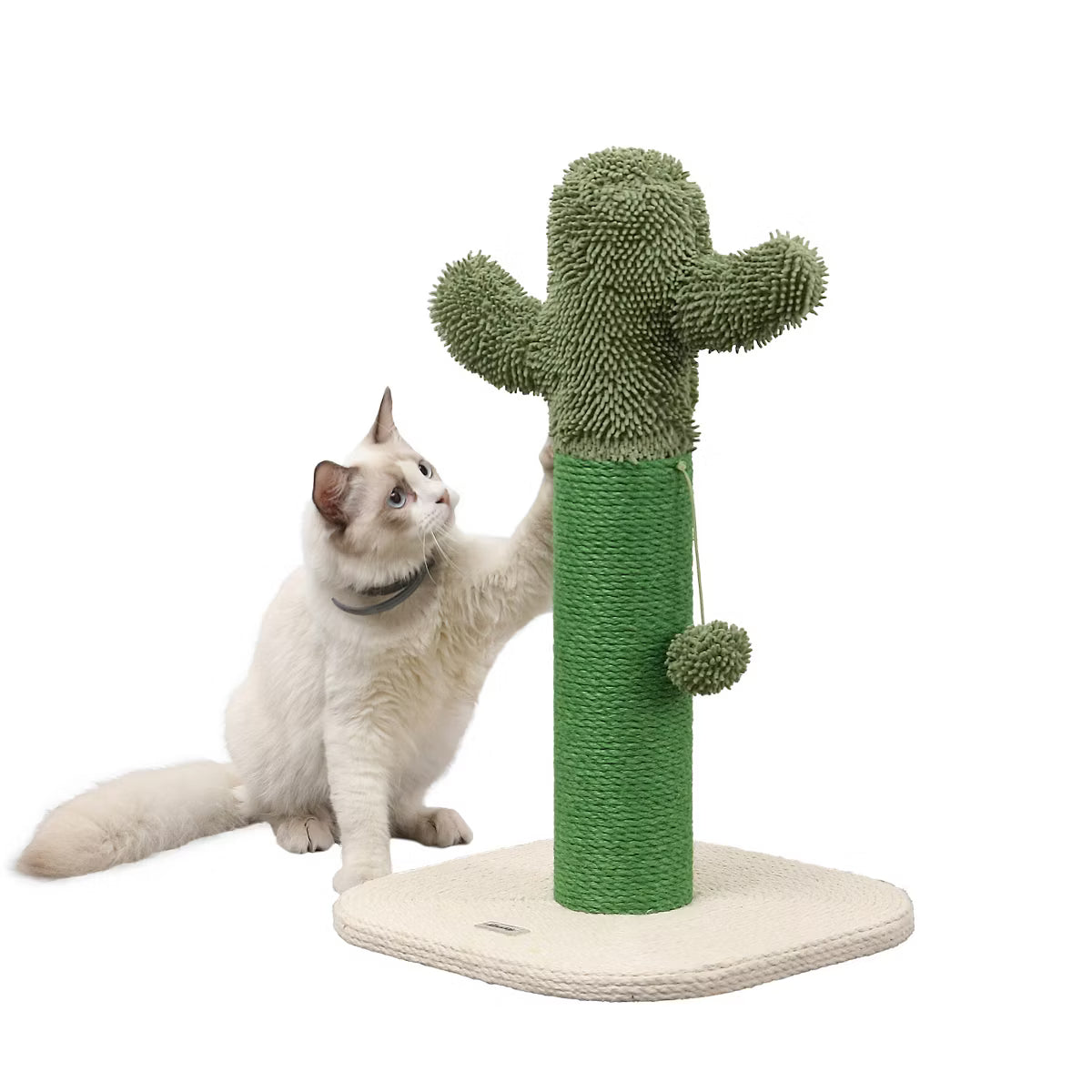 21" Modern Jute Cactus Cat Scratching Post with Fuzzy Toy, Green/White