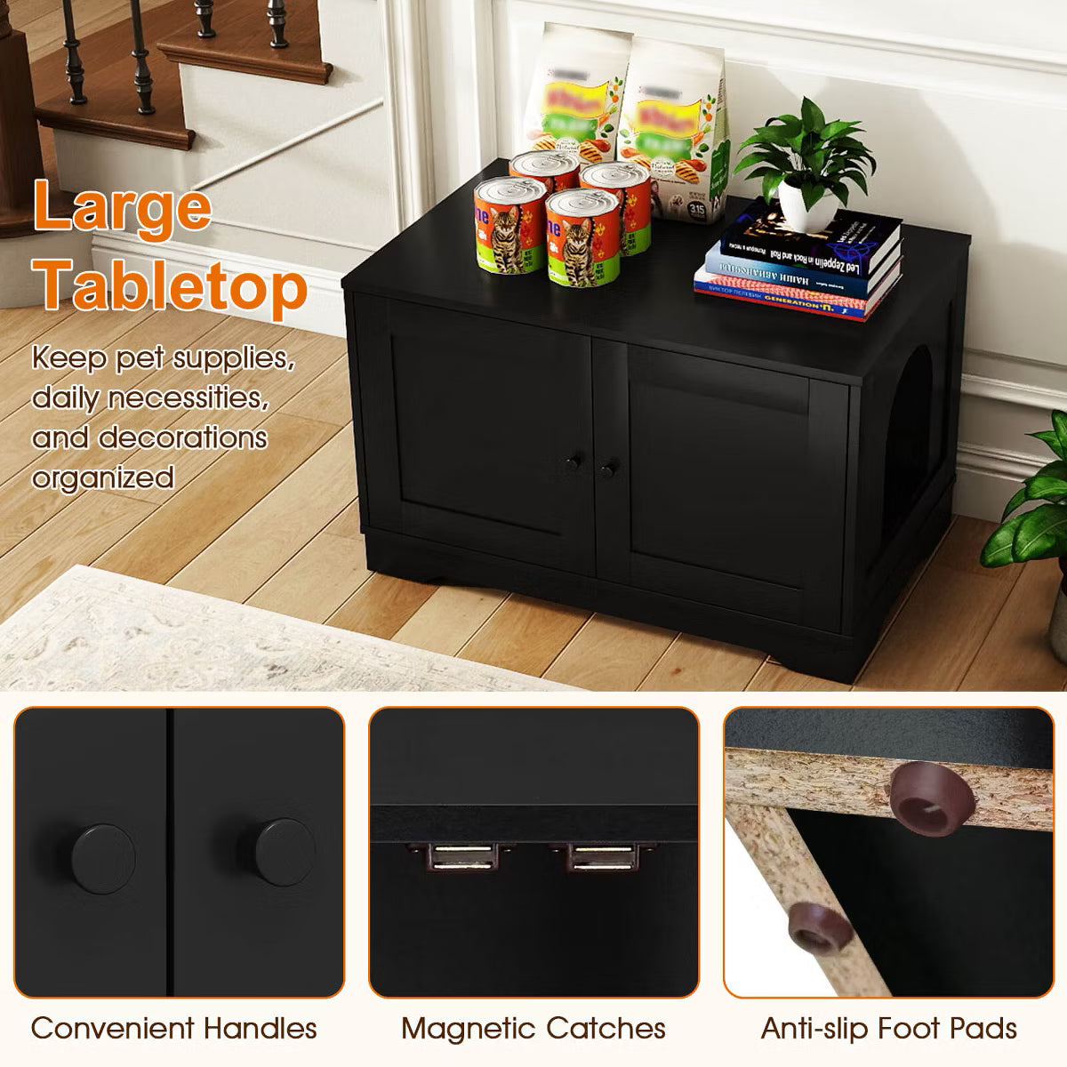 Cat Litter Box Enclosure Furniture with Double Doors Divider Side Entry for Cats Black
