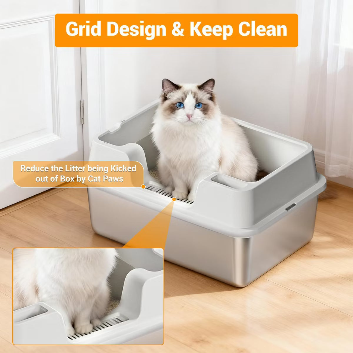 Jumbo Stainless Steel Cat Litter Box - High-Sided & Non-Stick,