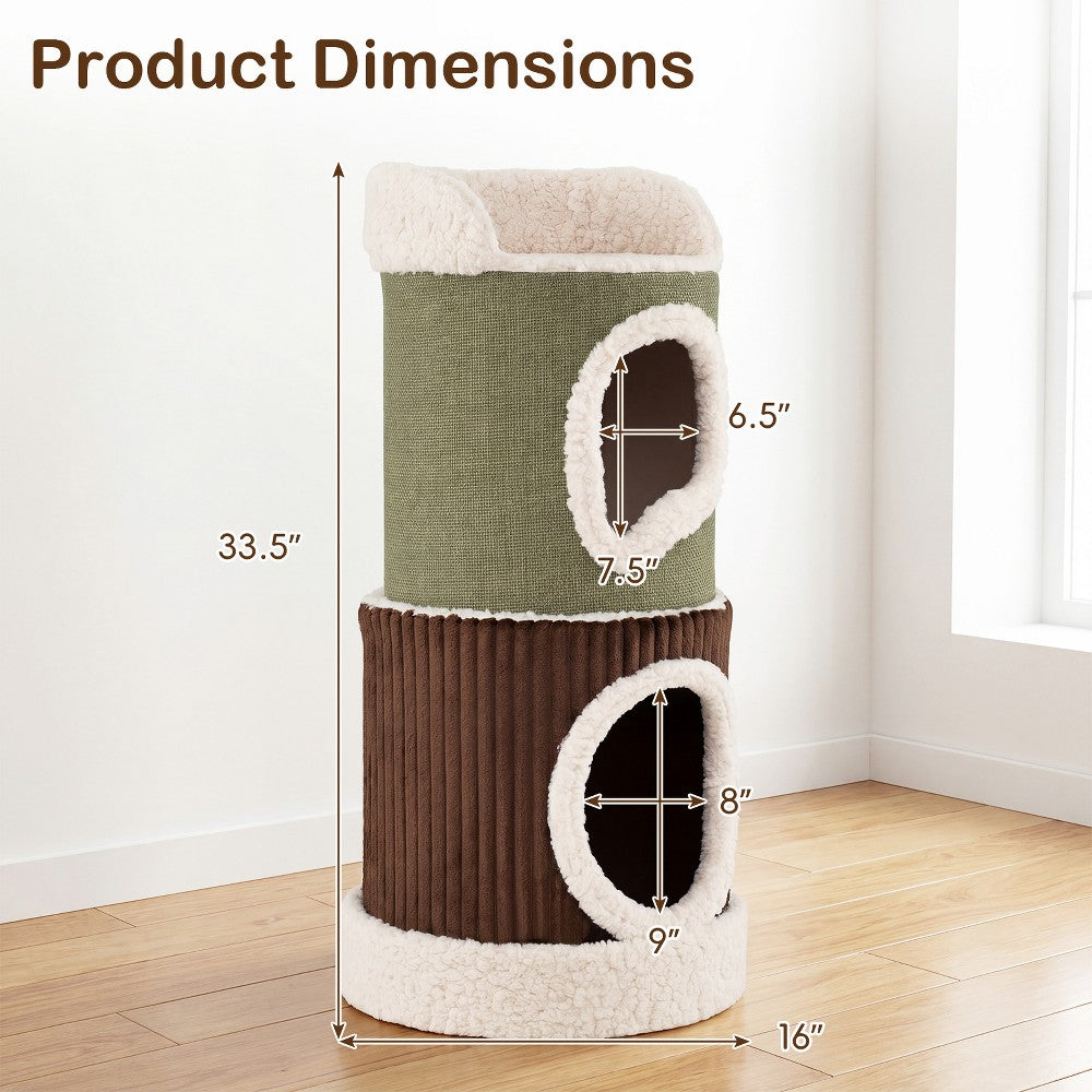 Green, brown and beige barrel cat house with cushioned top perch