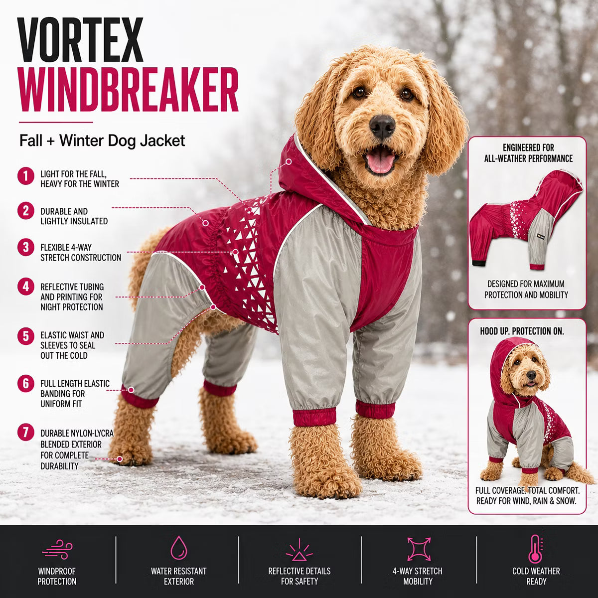 Vortex Full Bodied Waterproof Windbreaker Dog Jacket