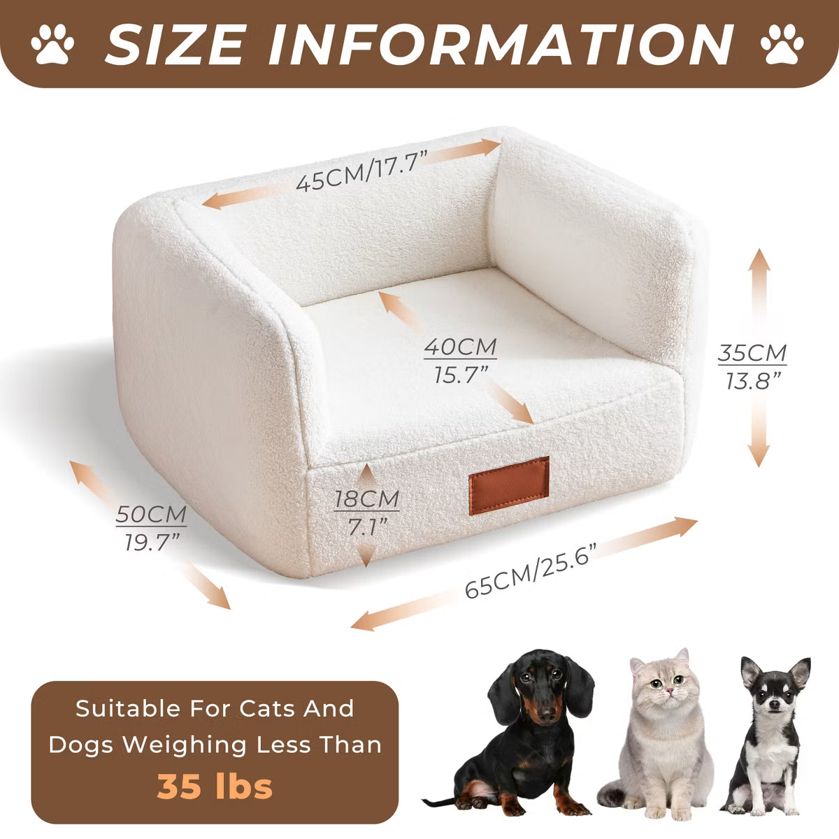 25.6 Inch Faux Shearling Dog Bed Pet Sofa With Leather Nameplate