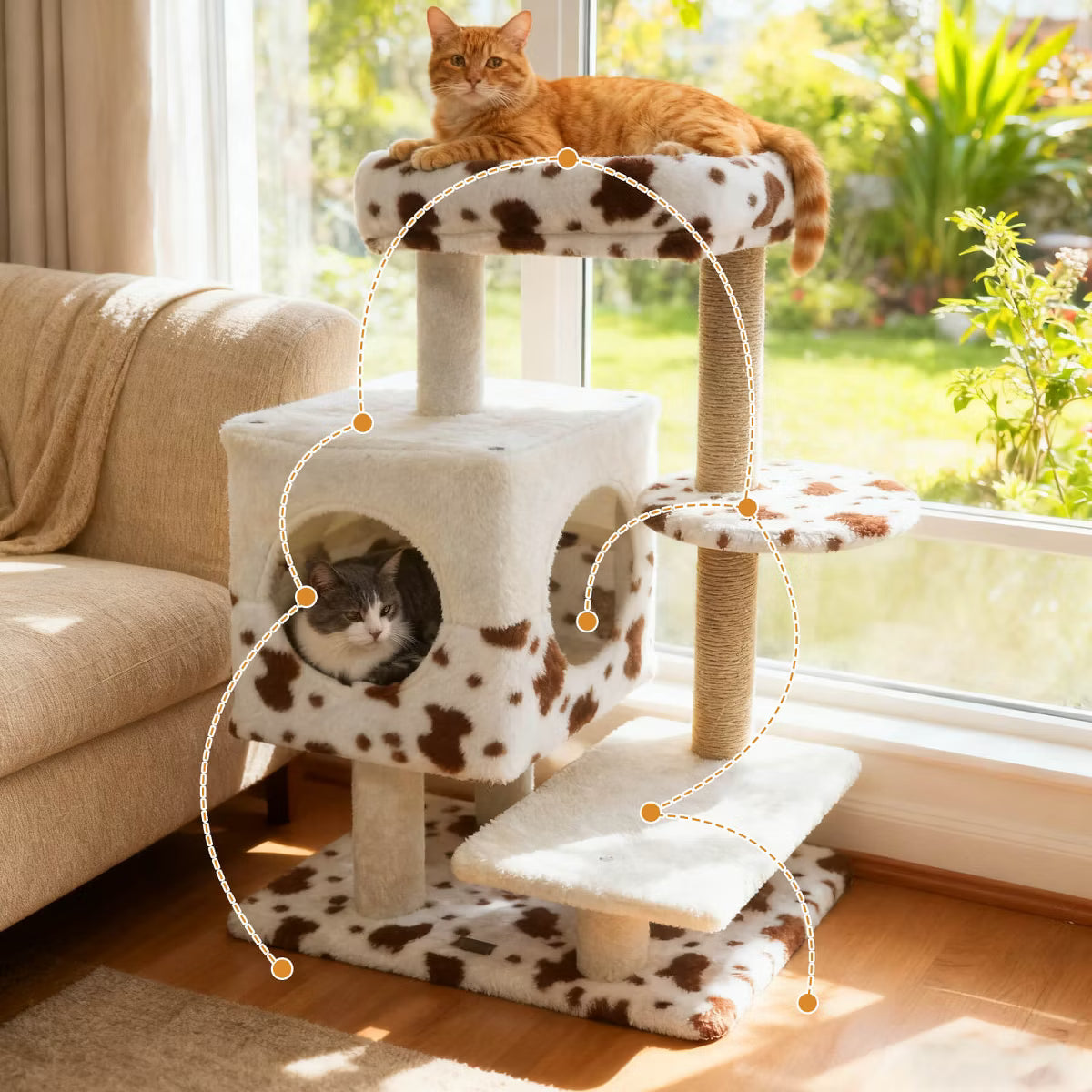 Modern Cat Tree with Wide Upholstered Perch & 2-Entrance Cat Condo Scratching Posts