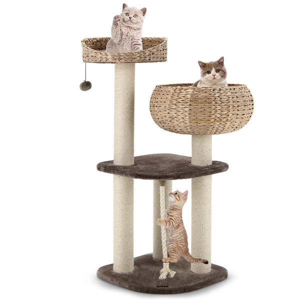 41'' Hand-Made Cat Tree Tower Natural Bowl Shaped w/ 2 Perch Coffee