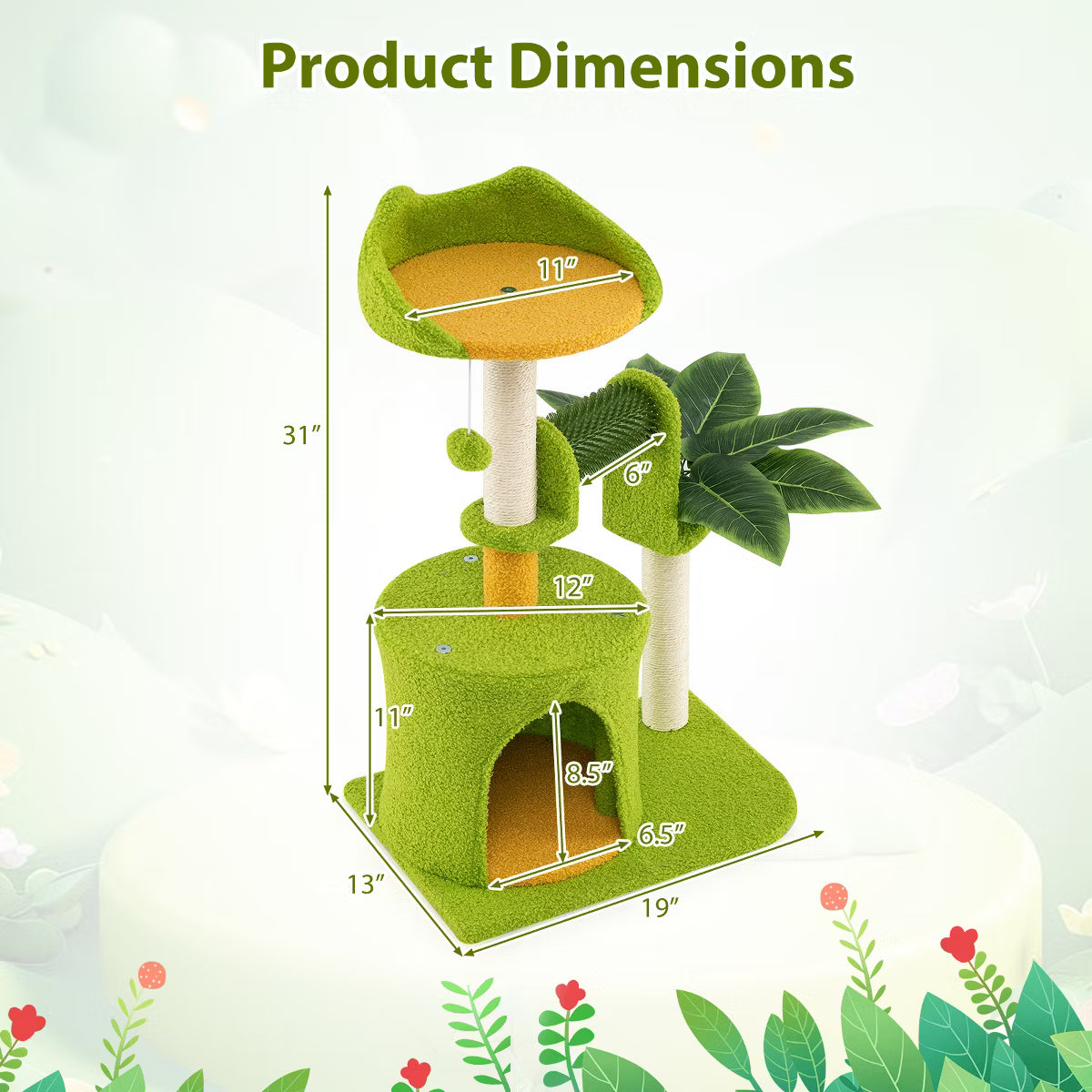 Cute Palm Cat Tree w/Artificial Leaves Condo Perch Sisal Scratching Posts