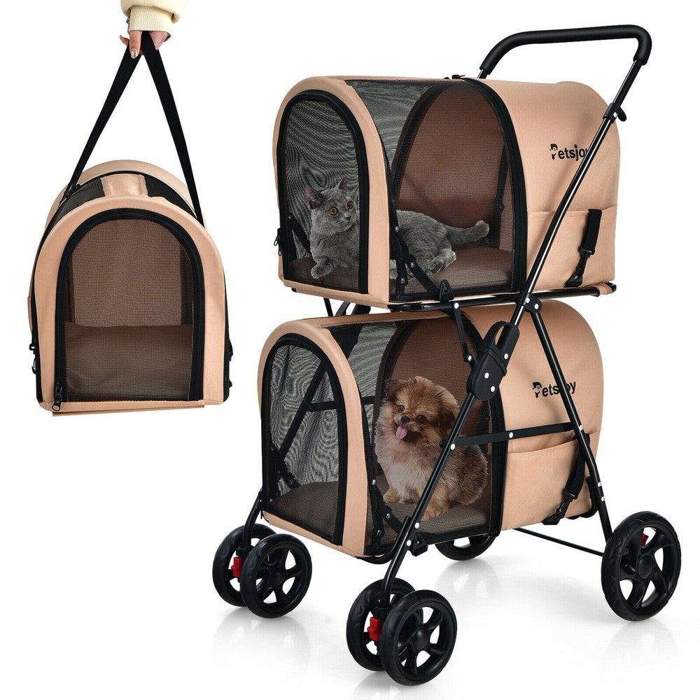 Costway 4-in-1 double cat stroller in beige with two detachable carriers