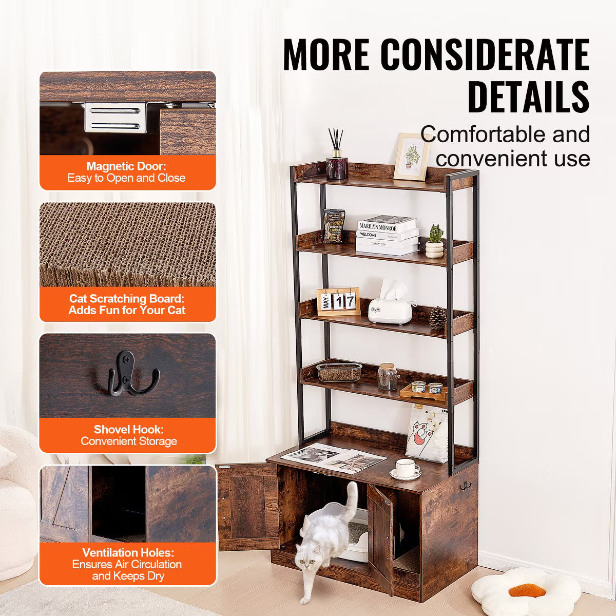 Cat Litter Box Enclosure, Hidden Litter Box Furniture with 4 Storage Shelves, Wooden Cat Washroom Indoor