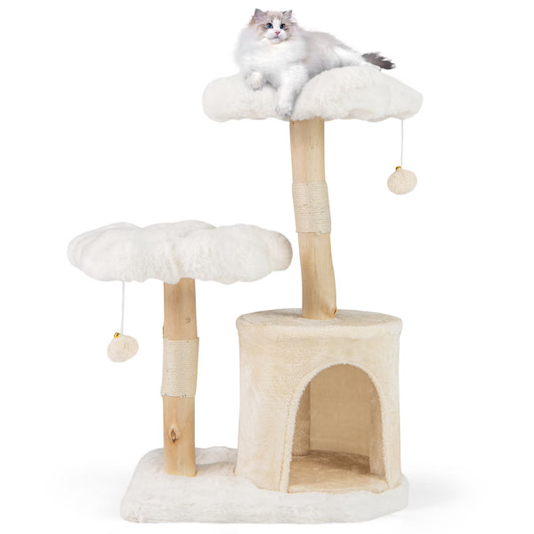 32 inch Cute Wood Cat Tree w/ Scratching Posts Pet Condo Furniture Activity Center