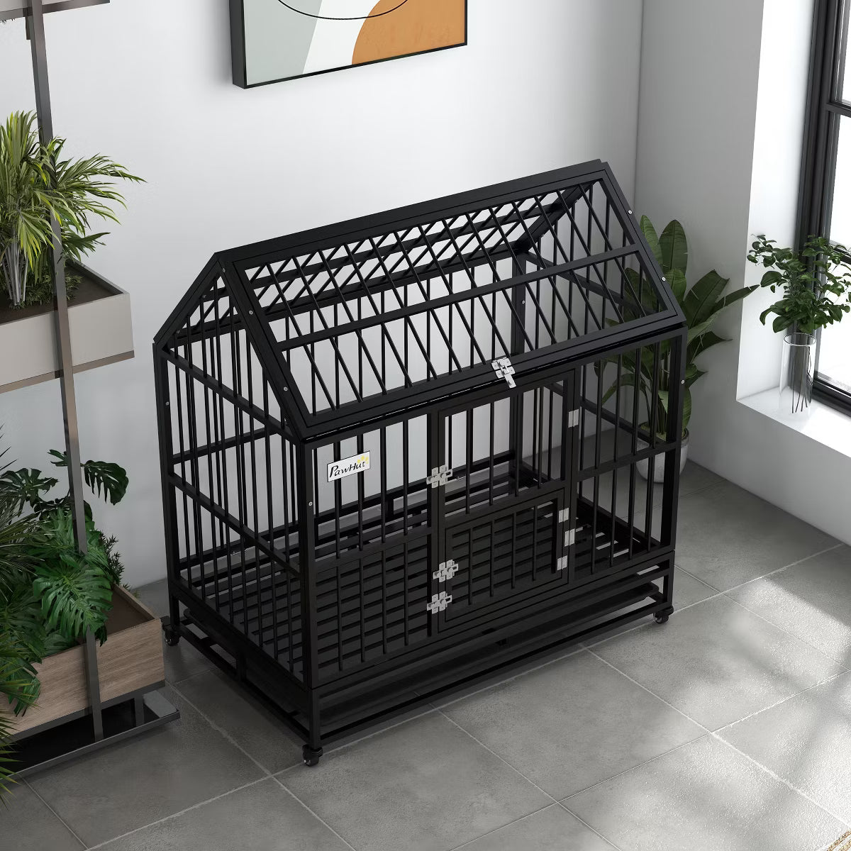 Heavy Duty Dog Crate, Strong Steel Large Dog Crate with 4 Lockable Wheels,