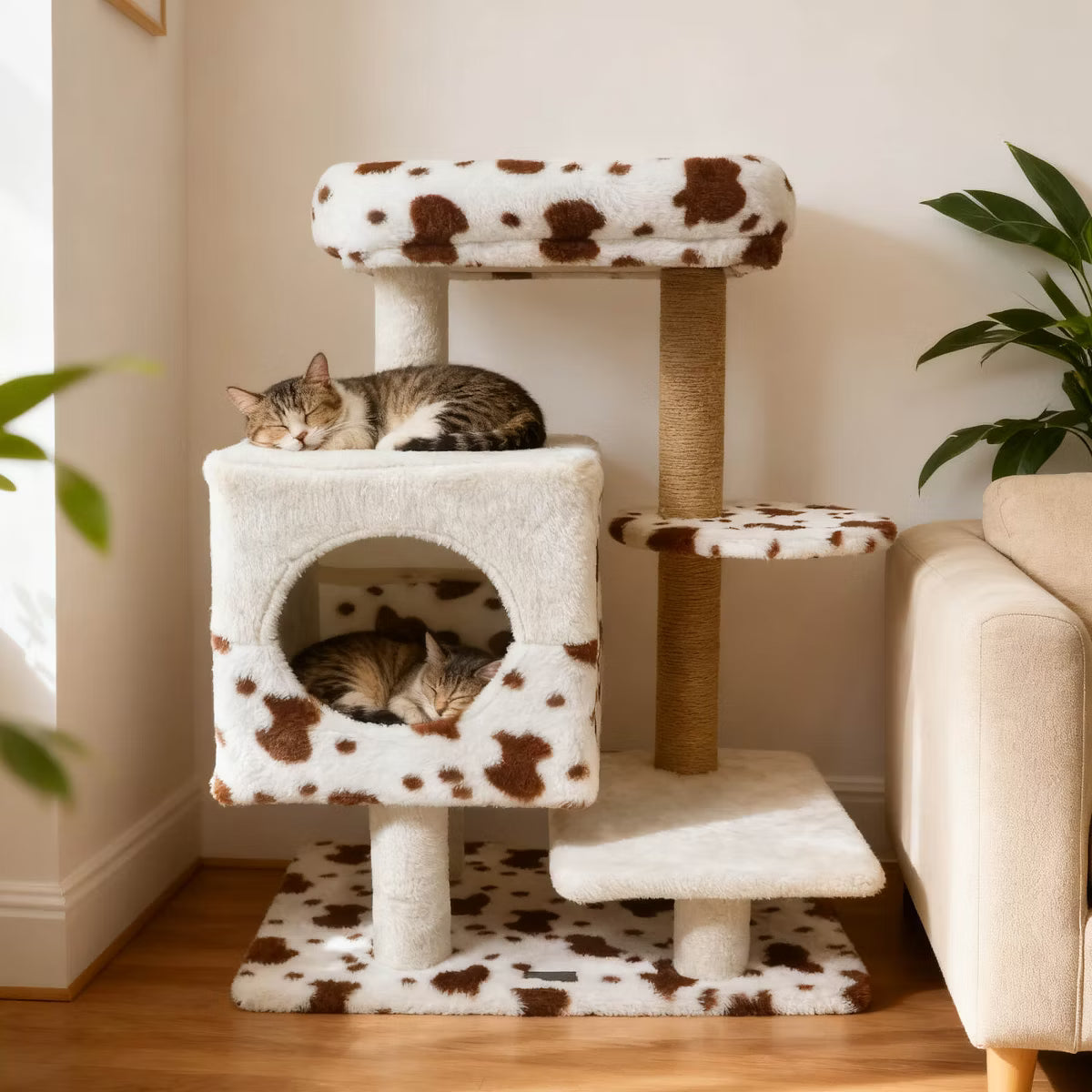Modern Cat Tree with Wide Upholstered Perch & 2-Entrance Cat Condo Scratching Posts