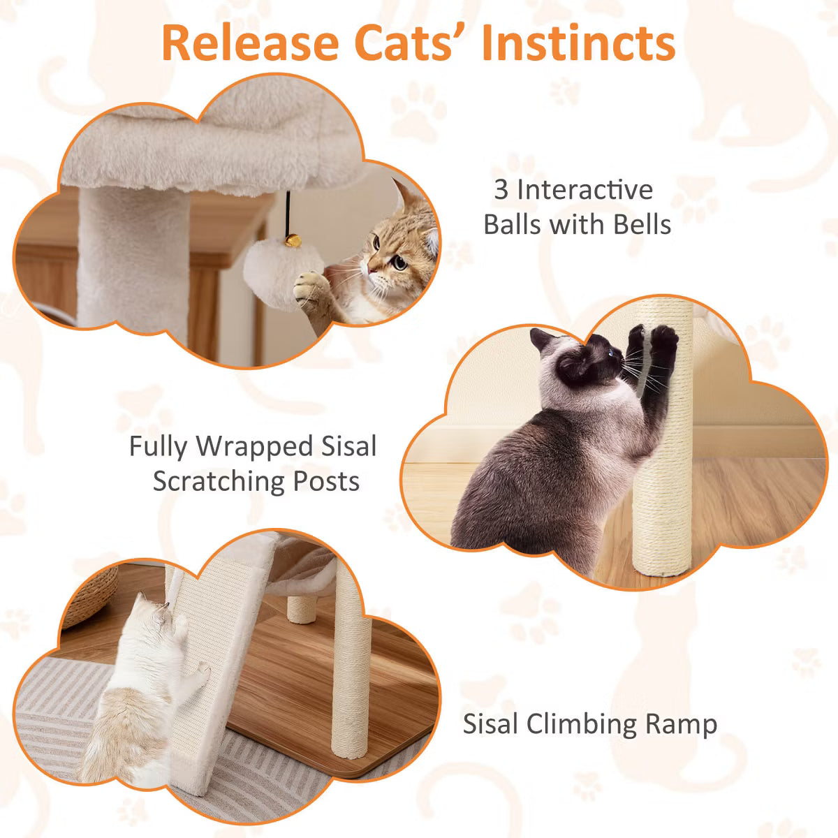 68” Tall Cat Tree Wood Cat Tower w/ 3 Padded Perches Multi-Level Climbing Furniture