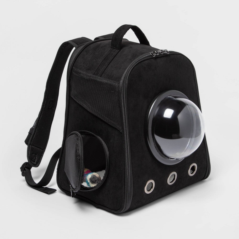 Black backpack cat carrier with padded shoulder straps and side pocket