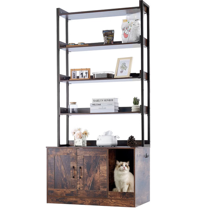 Cat Litter Box Enclosure, Hidden Litter Box Furniture with 4 Storage Shelves, Wooden Cat Washroom Indoor