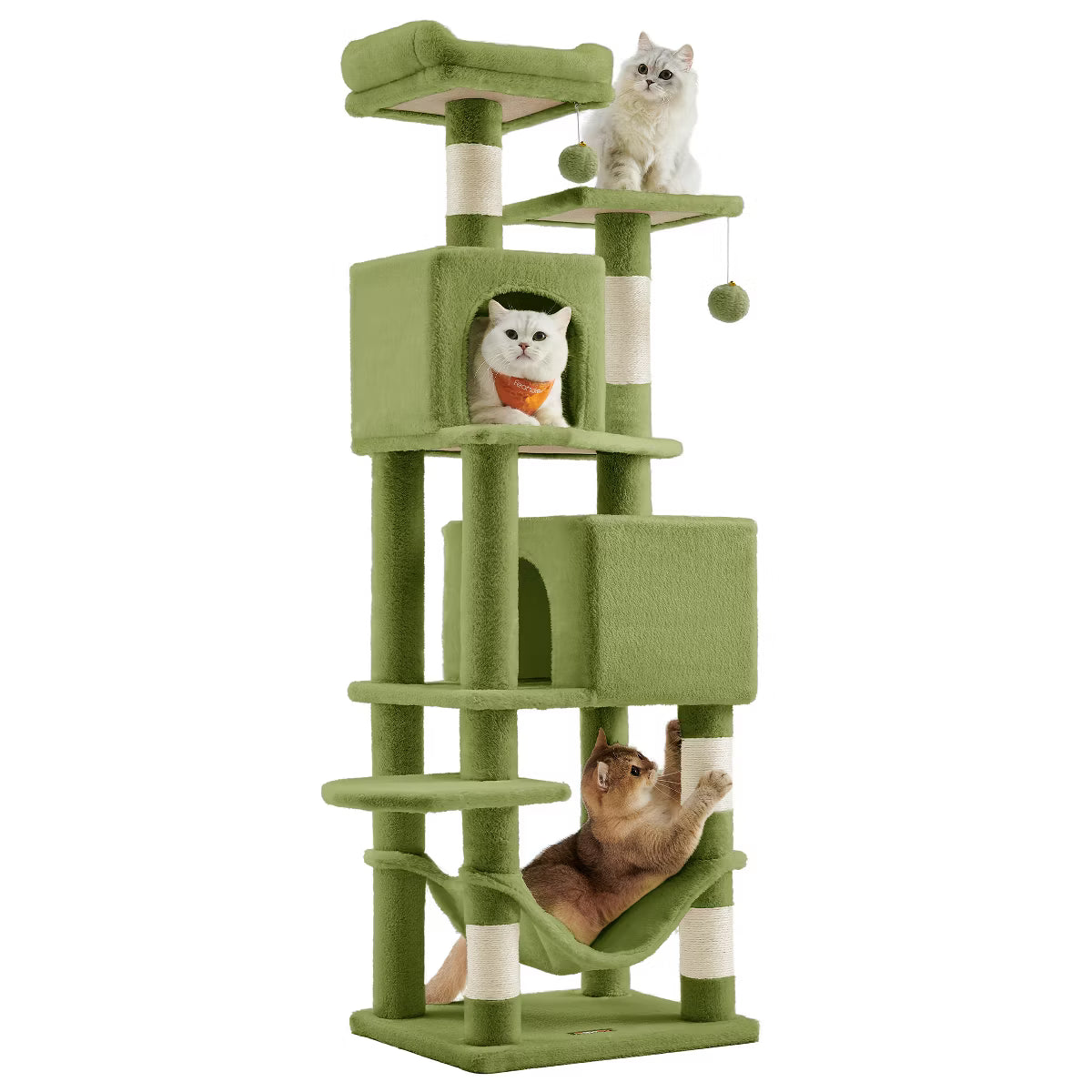 9.5-Inch Tall Cat Tower, Plush Multi-Level Condo with 5 Scratching Posts, 2 Perches
