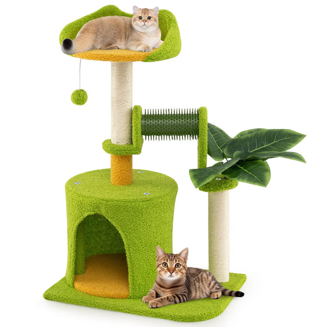 Cute Palm Cat Tree w/Artificial Leaves Condo Perch Sisal Scratching Posts