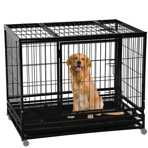 Heavy Duty Dog Crate on Wheels, Indoor Outdoor Steel Dog Kennel with Top Door & Removable Tray