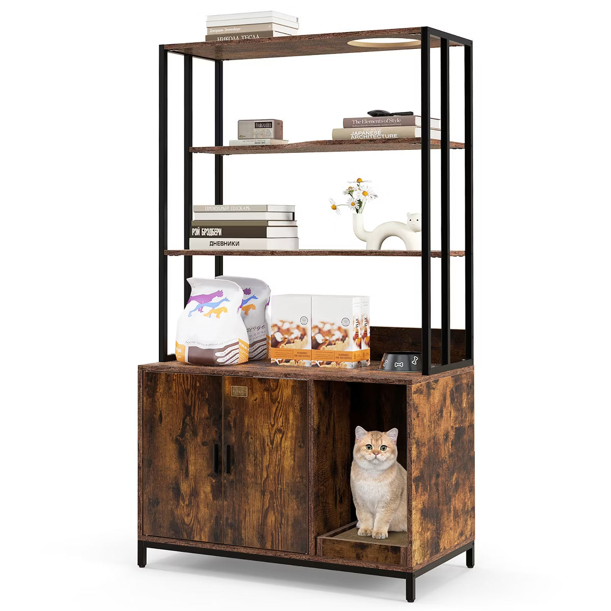 61" Cat Litter Box Enclosure w/ Storage 3-tier Shelves Side Entrance Indoor