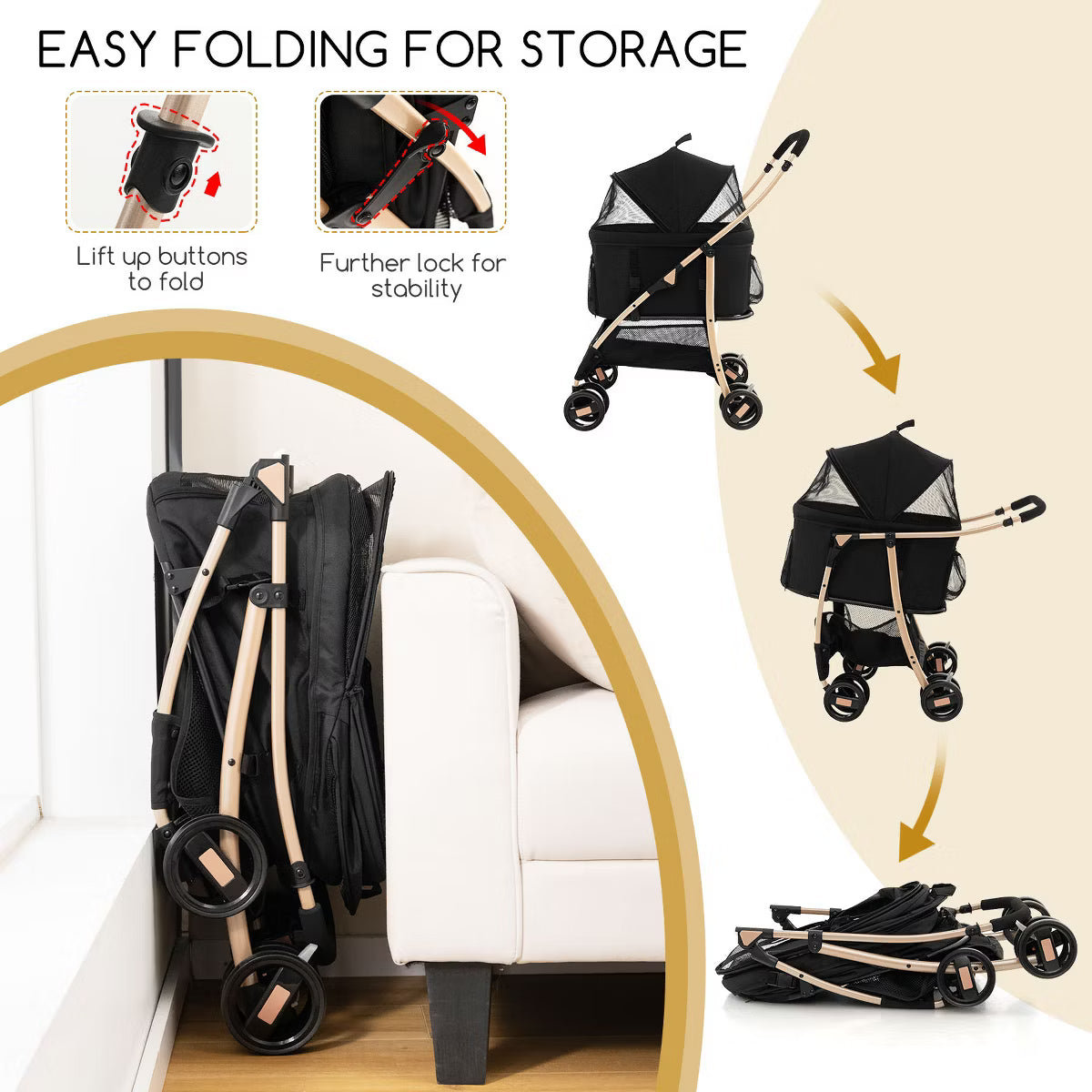 Petsite 3-In-1 Pet Stroller with Removable Car Seat Carrier 4-Level Adjustable Canopy Black & Rose Gold