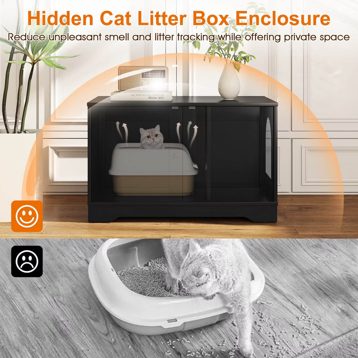 Cat Litter Box Enclosure Furniture with Double Doors Divider Side Entry for Cats Black