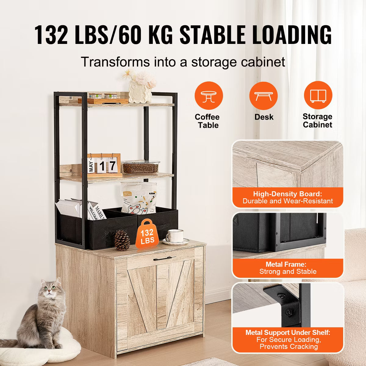 Cat Litter Box Enclosure, Hidden Litter Box Furniture with 2 Storage Shelves & 2 Baskets