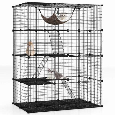 Costway 4-Tier Cube Cat Cage with Hammock, 3 Ladders & 4 Doors - Black