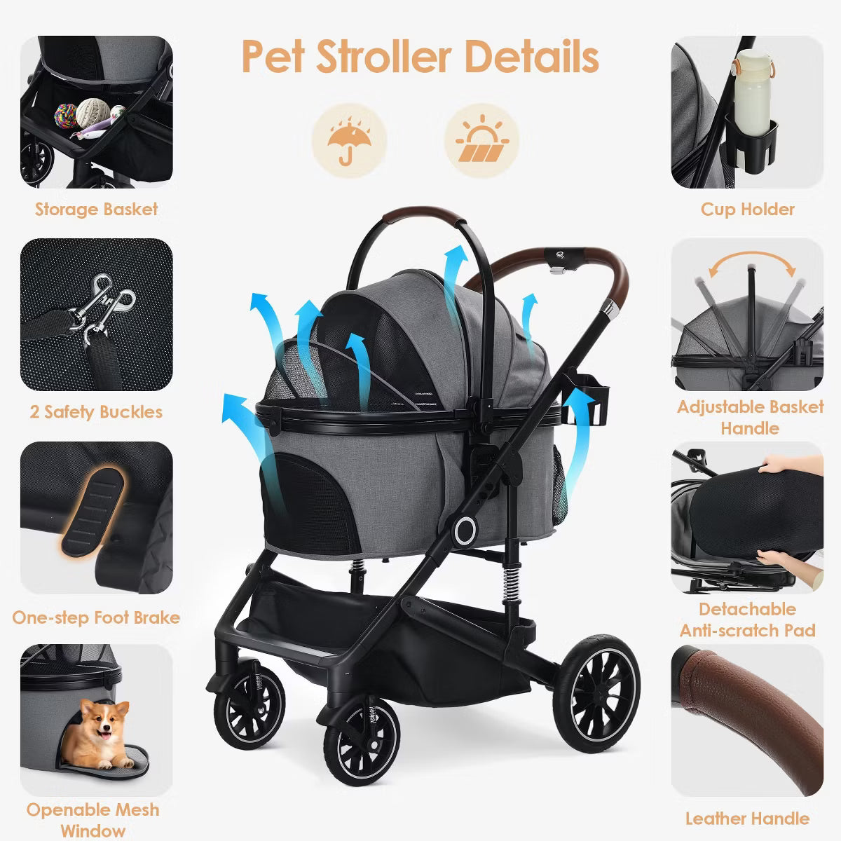 3-in-1 Folding Pet Stroller for Small to Medium Dogs and Cats up to 50 lbs with Storage Basket