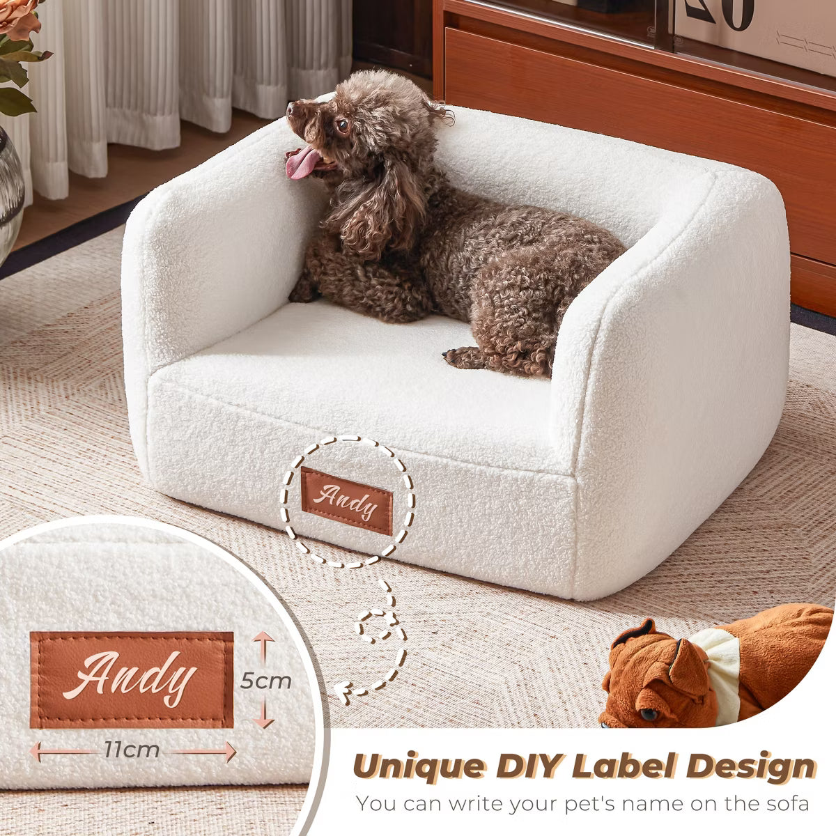 25.6 Inch Faux Shearling Dog Bed Pet Sofa With Leather Nameplate
