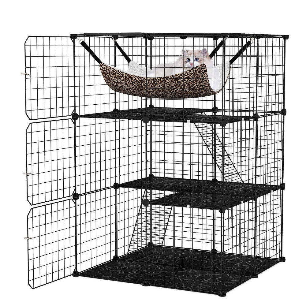 Black 3-tier cat cage enclosure with hammock and ladders, front view