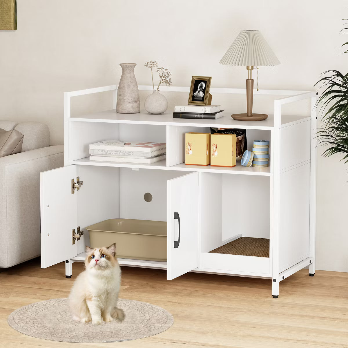 Cat Litter Box Enclosure w/ Storage Compartments Removable Scratching Board Gray