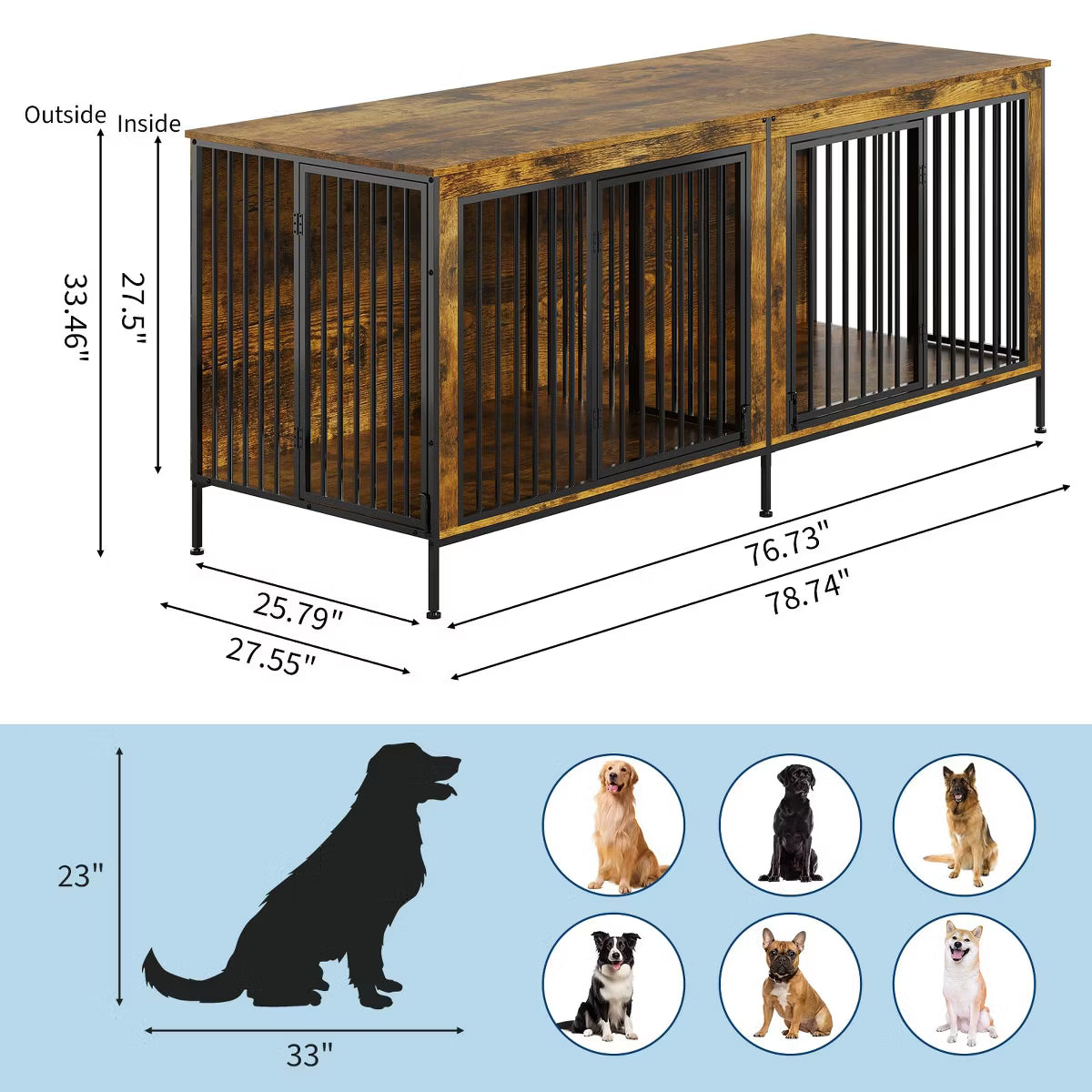 79" Double Dog Crate Furniture, Heavy-Duty Wooden Indoor Dog Kennel with Divider,