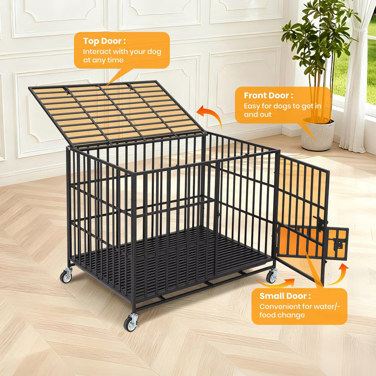 Escape Proof Dog Cage with Rolling Wheels, Sturdy Pet Kennel for Medium and Large Dogs