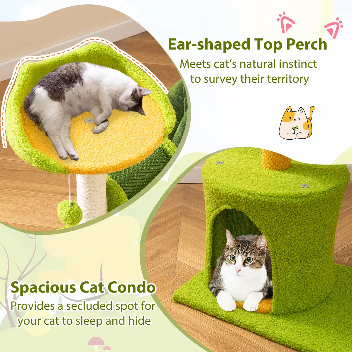 Cute Palm Cat Tree w/Artificial Leaves Condo Perch Sisal Scratching Posts