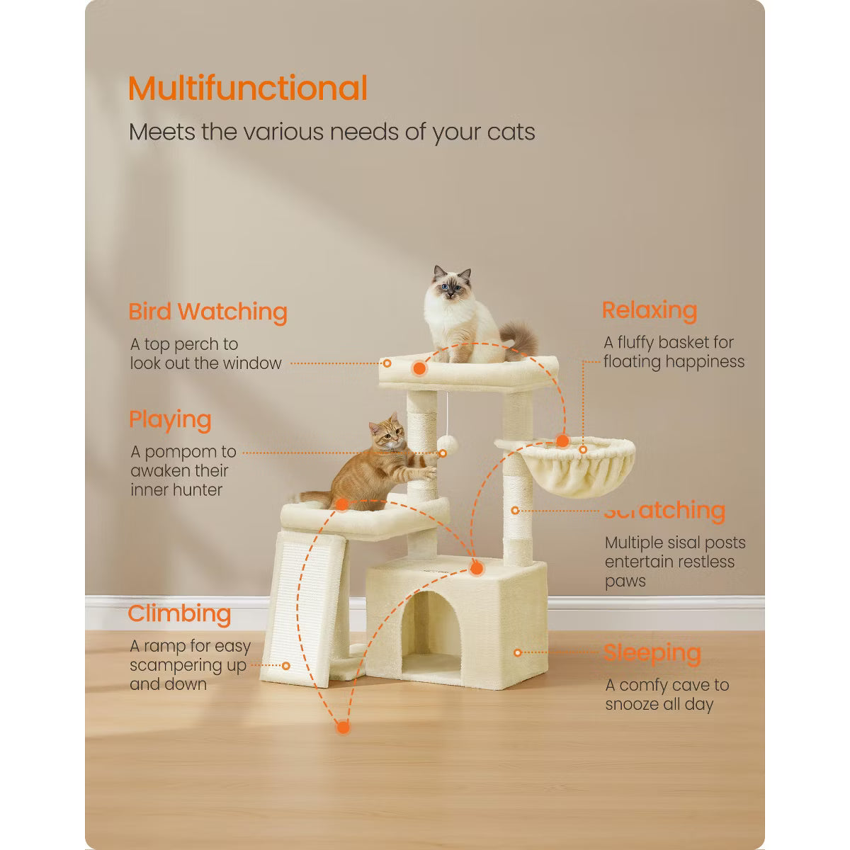 Cat Tower Condo with Scratching Posts and Ramp, 2 Large Perches