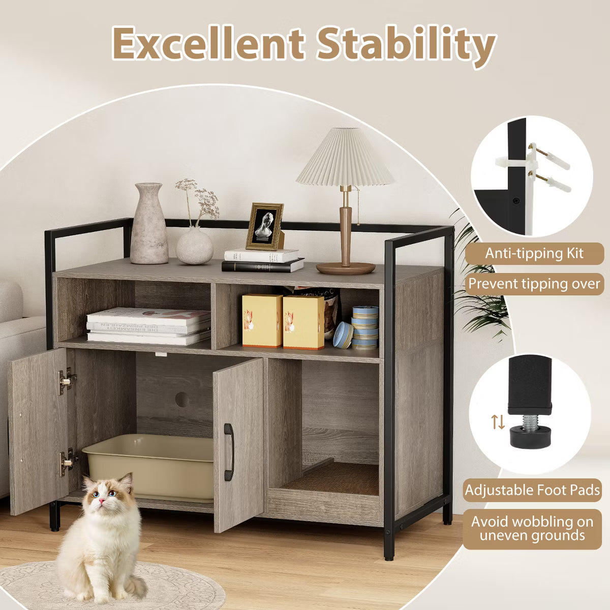 Cat Litter Box Enclosure w/ Storage Compartments Removable Scratching Board Gray