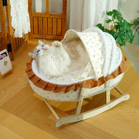 French-Style Rocking Cat Bed - Wooden Stand & Canopy