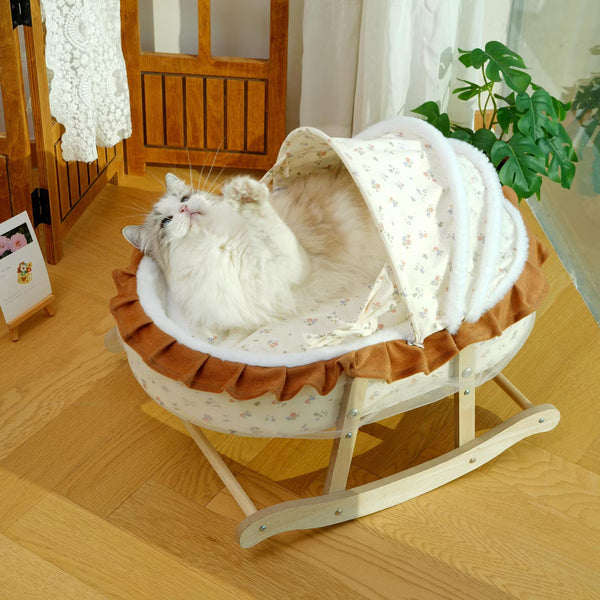 French-Style Rocking Cat Bed - Wooden Stand & Canopy