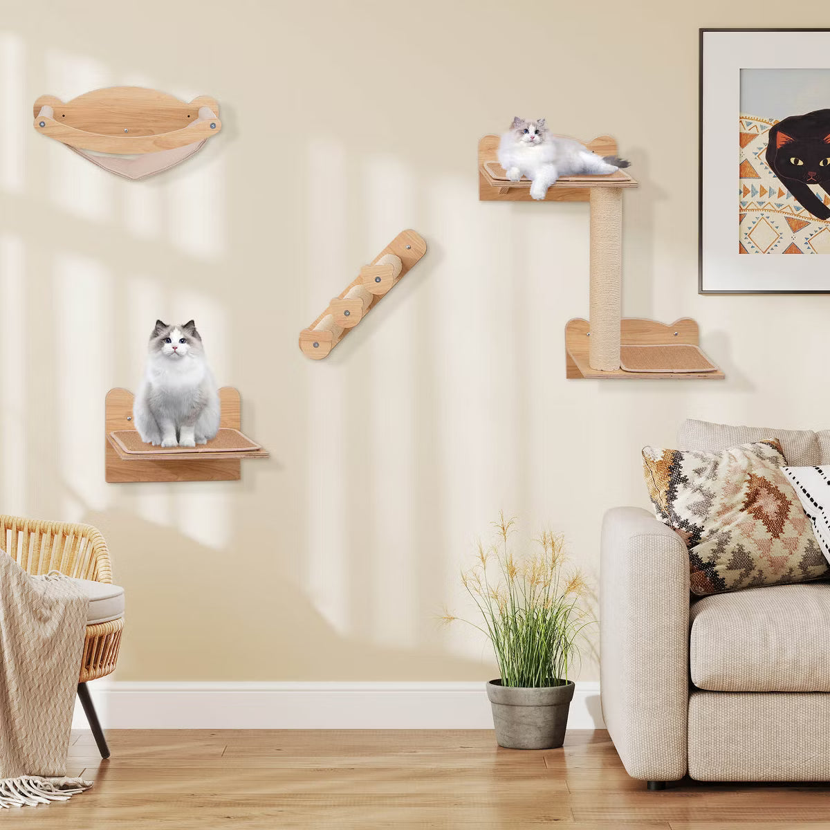 4-Piece Wall Mounted Cat Playground w/ 2-step Cat Tree Wooden Cat Climber Furniture Set