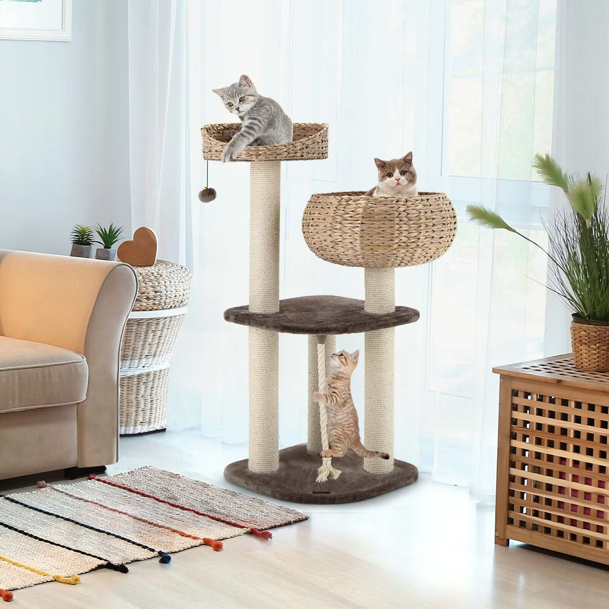 41'' Hand-Made Cat Tree Tower Natural Bowl Shaped w/ 2 Perch Coffee