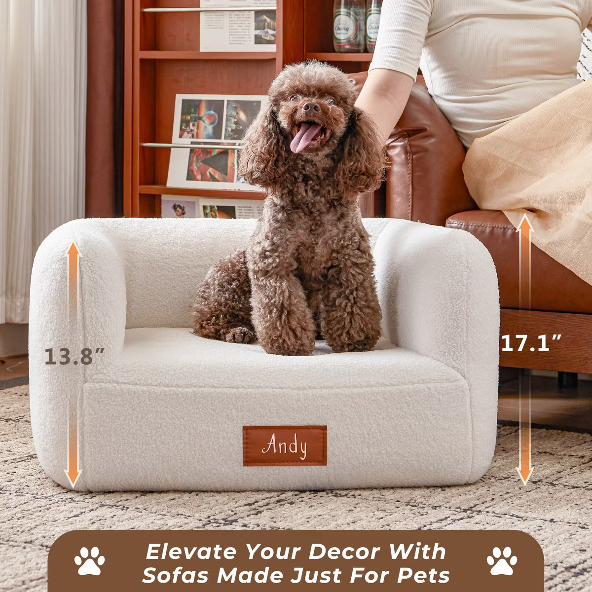 25.6 Inch Faux Shearling Dog Bed Pet Sofa With Leather Nameplate