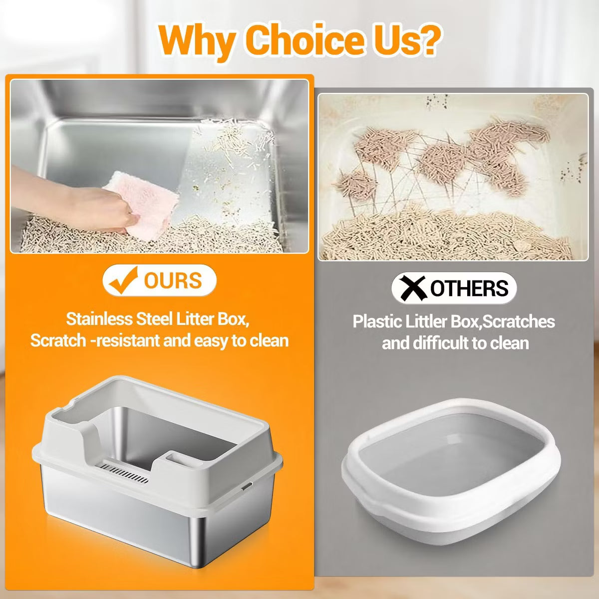 Jumbo Stainless Steel Cat Litter Box - High-Sided & Non-Stick,