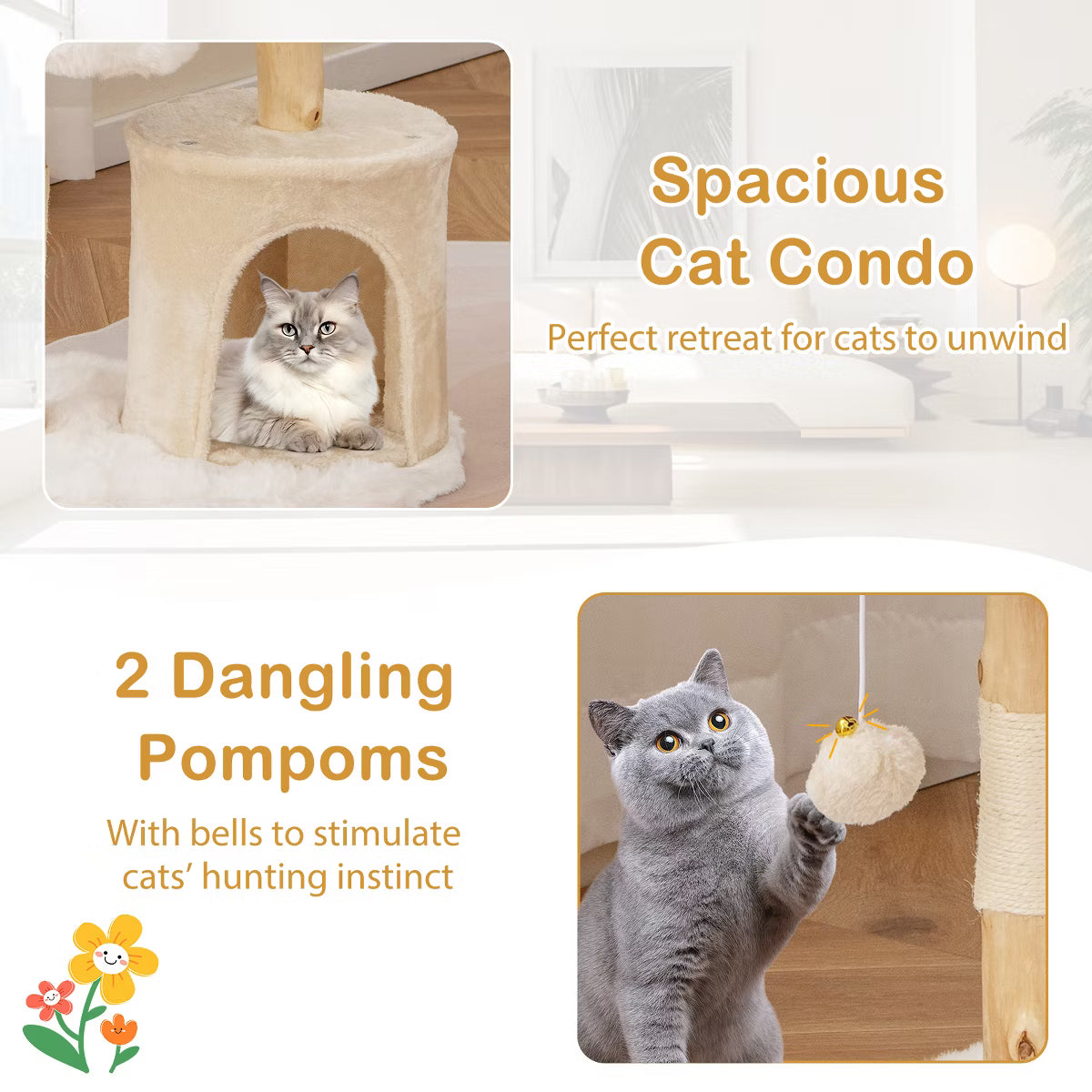 32 inch Cute Wood Cat Tree w/ Scratching Posts Pet Condo Furniture Activity Center