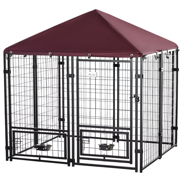 Outdoor Dog Kennel with Roof & Rotating Bowl Holders