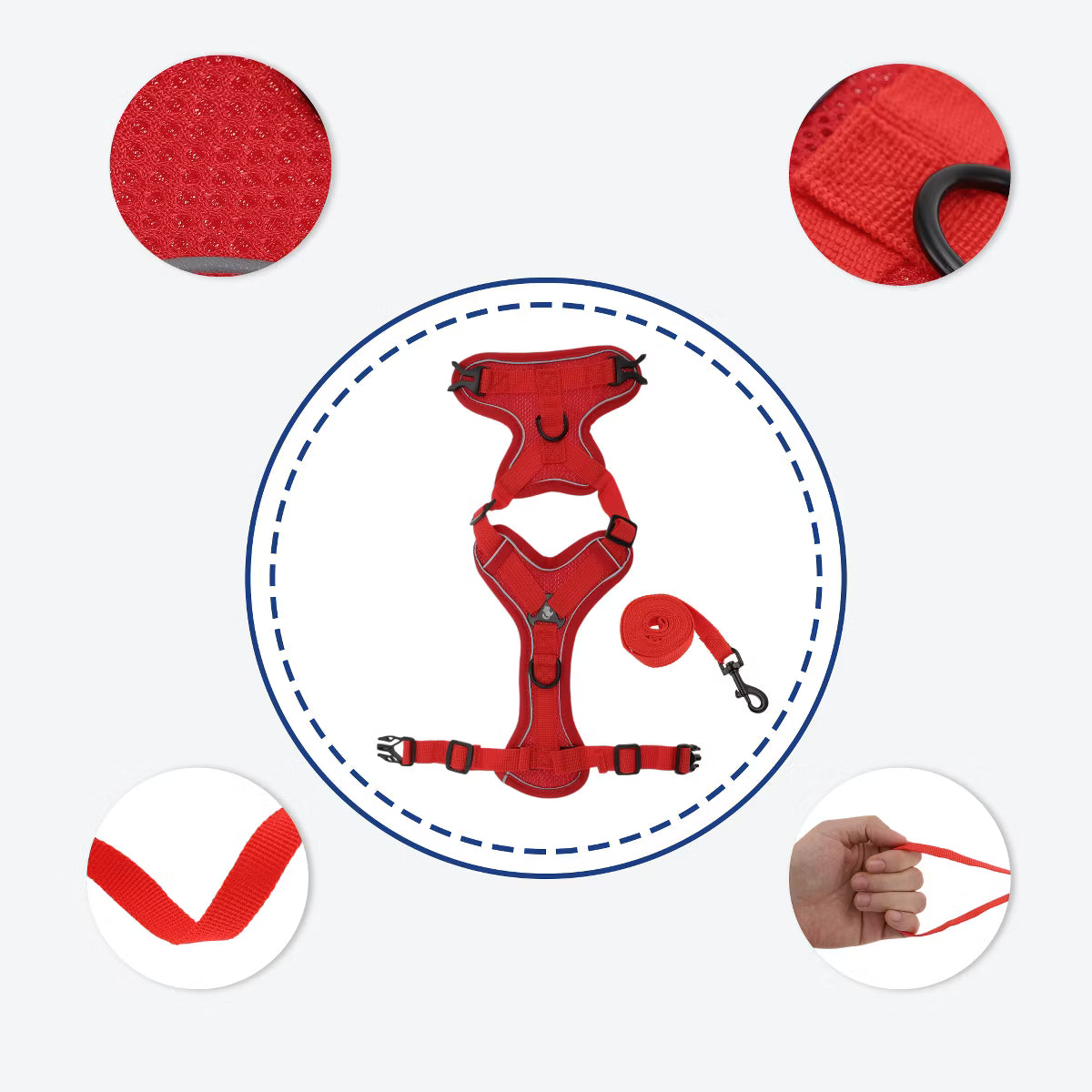 Cat Harness and Leash with Reflective Strips Large Red 1 Set